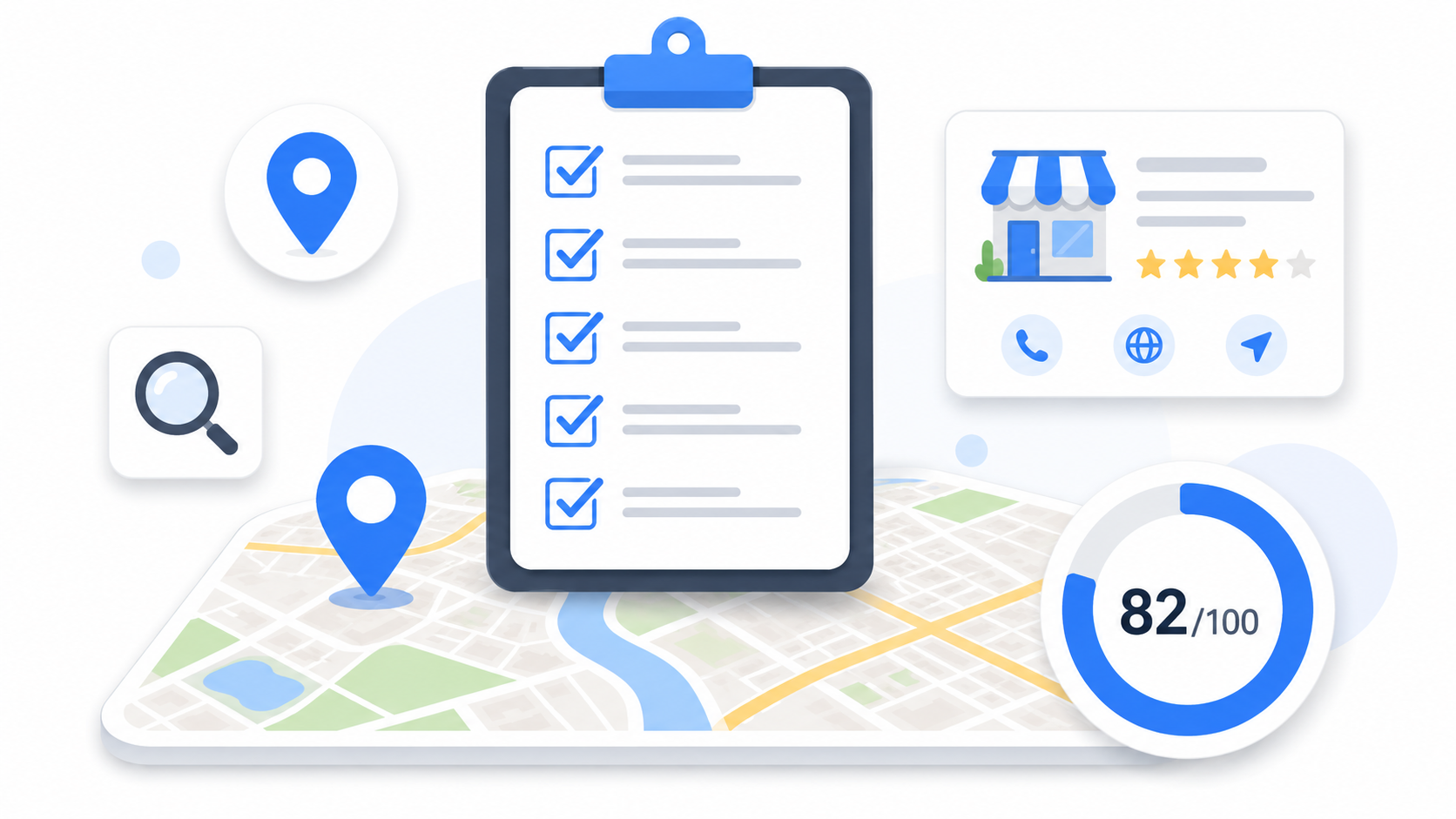 Local-SEO-Checker – Checkliste mit Häkchen, Kartenansicht und Score-Anzeige 82/100